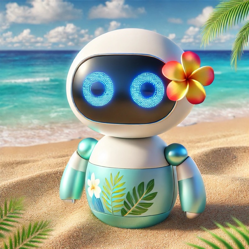 A small friendly AI robot with a plumeria flower on a Hawaiʻi beach