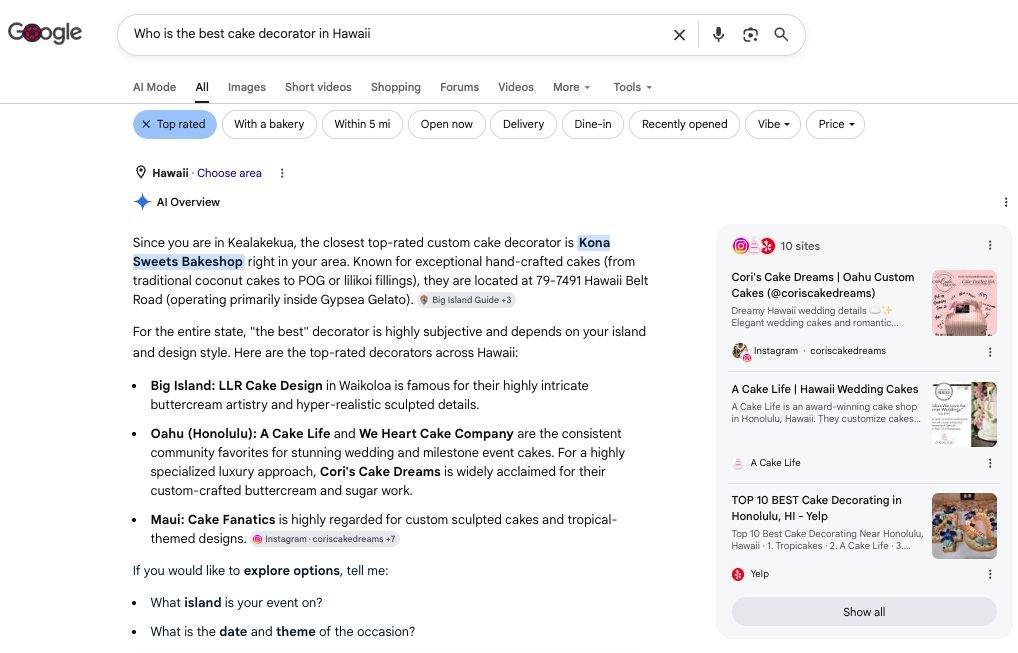 Google AI Overview answering 'Who is the best cake decorator in Hawaii' by naming specific cake decorators across the islands, including Kona Sweets Bakeshop, LLR Cake Design, A Cake Life, and Cori's Cake Dreams, each with a reason, above the usual list of links.