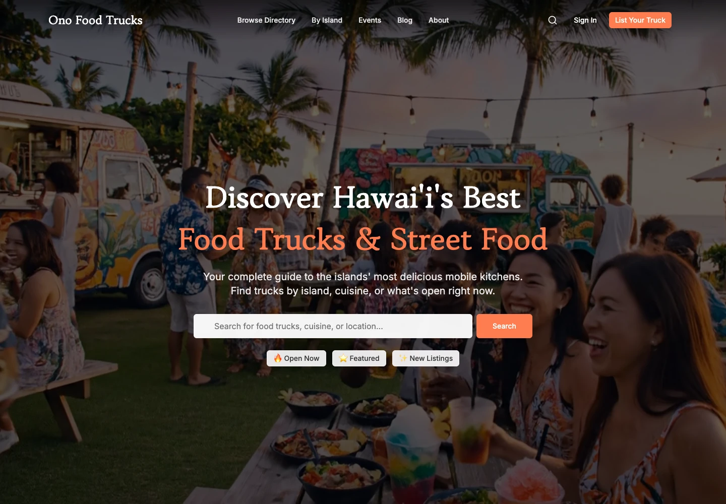 Ono Food Trucks homepage, with its Discover Hawai'i's Best Food Trucks & Street Food headline over a food truck gathering