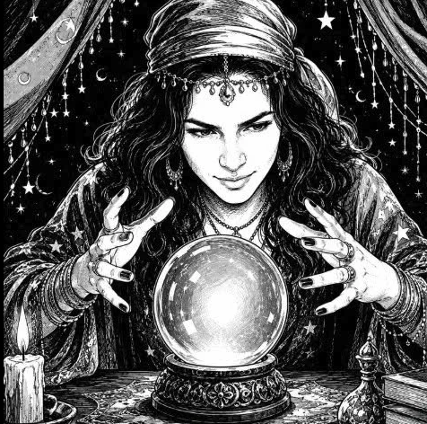 Black-and-white illustration of a fortune teller with her hands over a glowing crystal ball