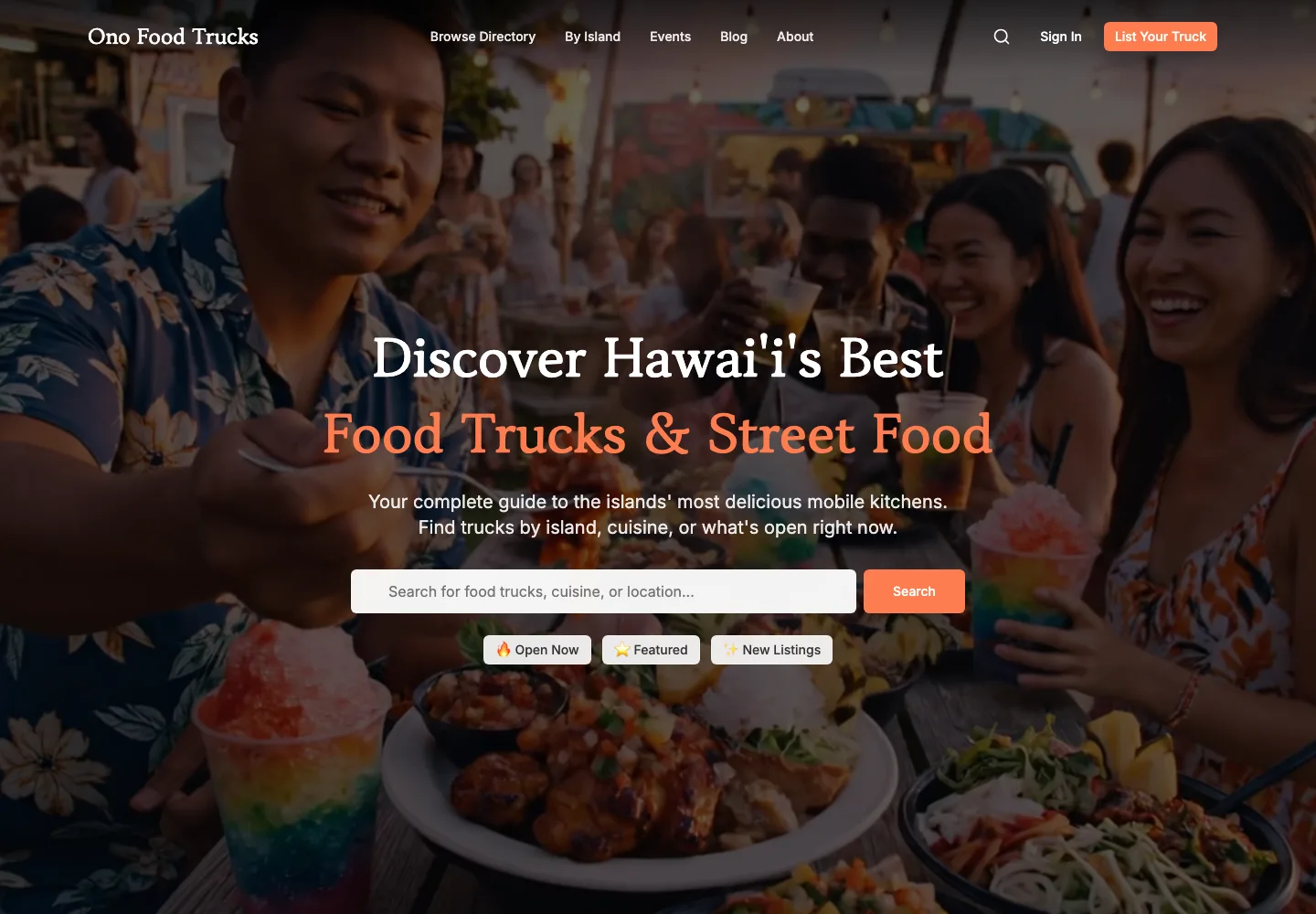 Ono Food Trucks homepage, with its Discover Hawai'i's Best Food Trucks & Street Food headline over people sharing food at a food truck gathering