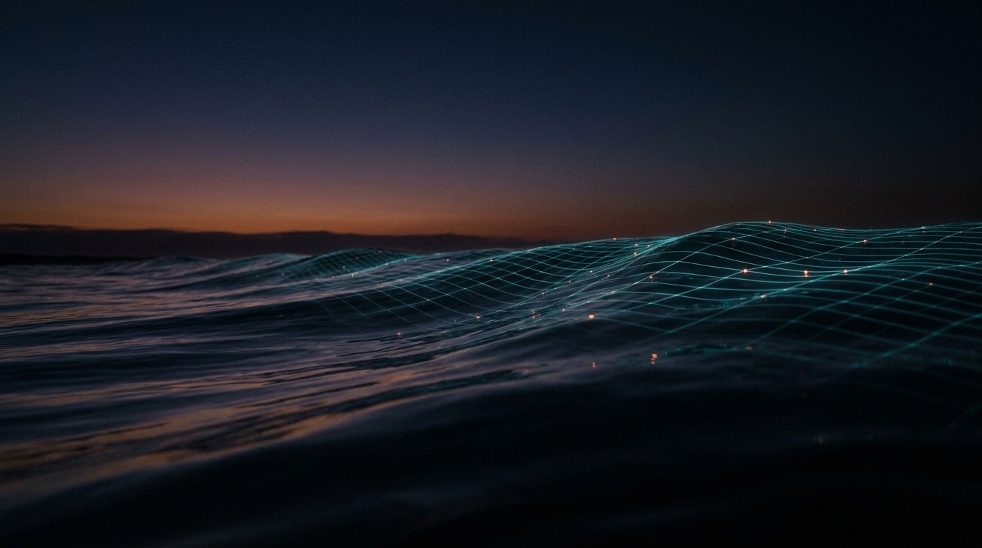A dark ocean swell at dusk traced with a glowing lattice of light