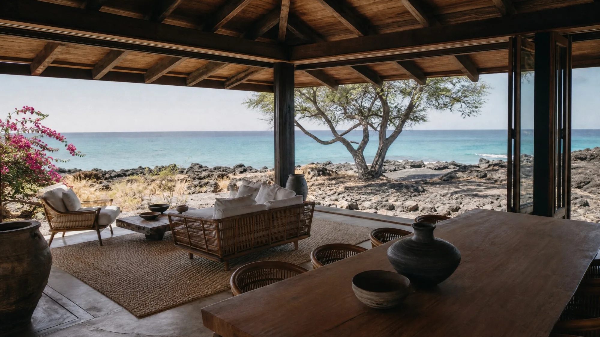 An open hale looking out over black lava to the ocean, a long table and low seating under the roof