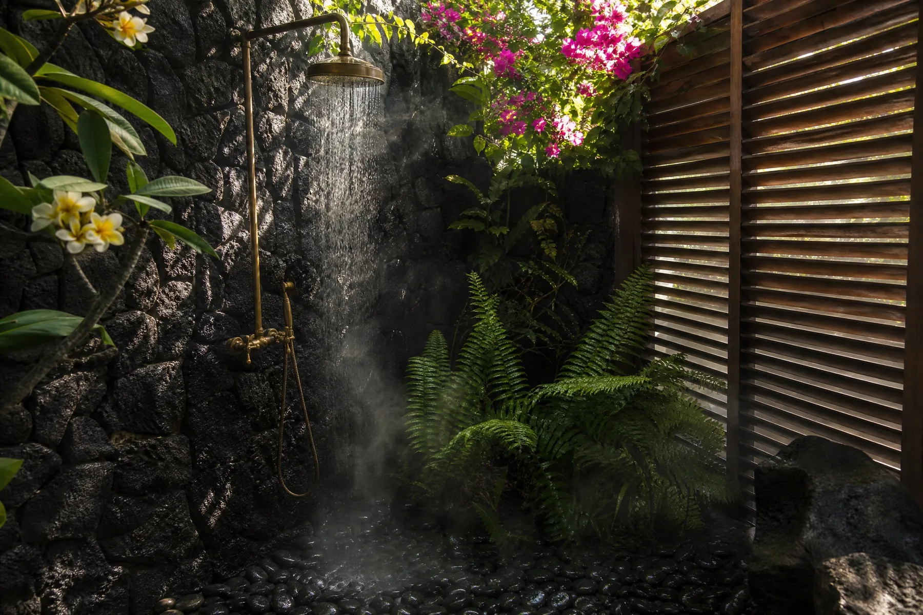An outdoor shower set into a lava-rock wall, with ferns, plumeria and bougainvillea around it