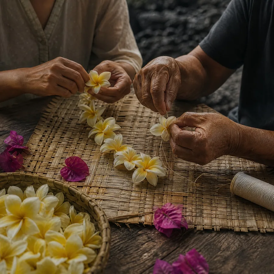 Two pairs of hands stringing plumeria into a lei on a lauhala mat