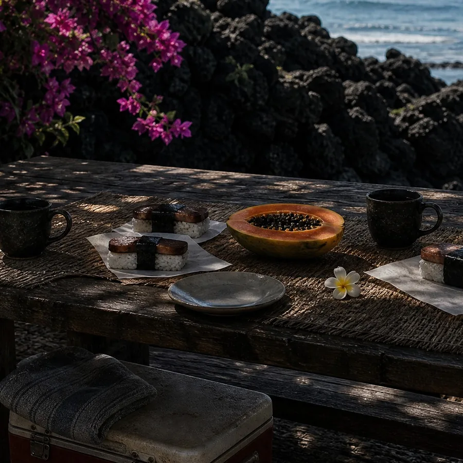 Musubi, a halved papaya and two cups of coffee on a burlap runner, the lava shore and ocean beyond