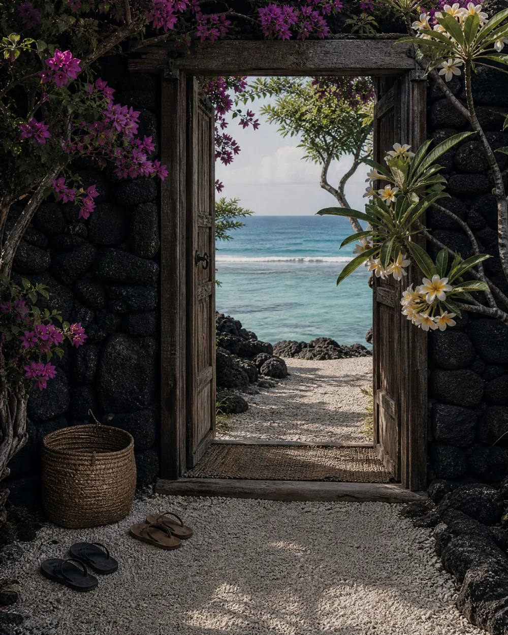 A timber gate under bougainvillea standing open onto a coral path and the water, slippers left at the threshold