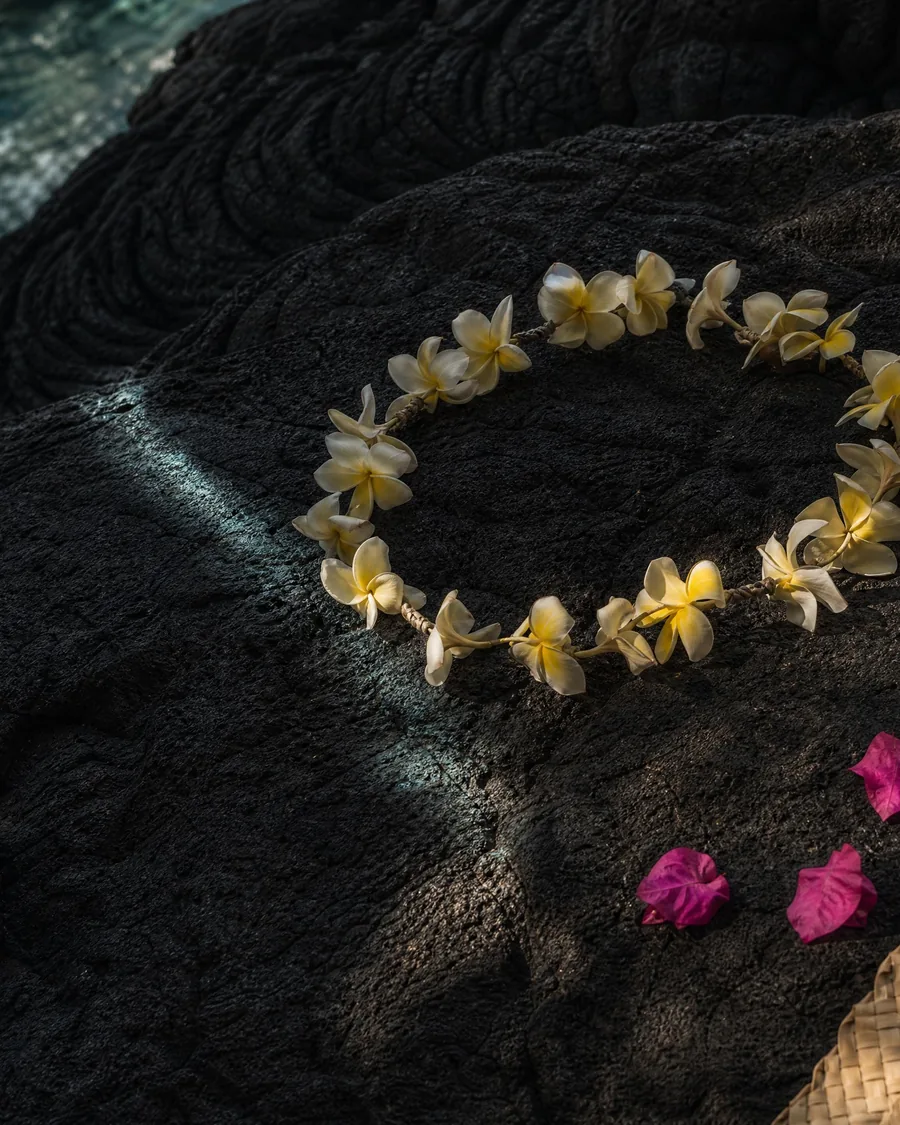 A plumeria lei laid in a circle on black lava, bougainvillea petals and woven lauhala beside it