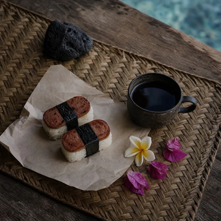Musubi, black coffee and plumeria on woven lauhala