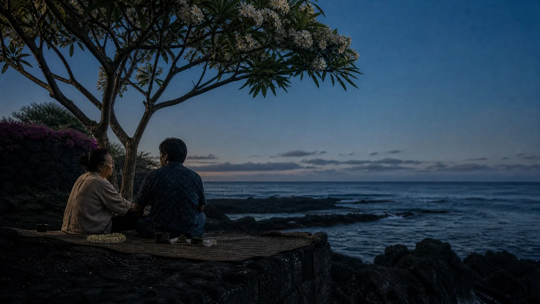 Two people sitting together on the lava at dusk, plumeria overhead, the ocean beyond