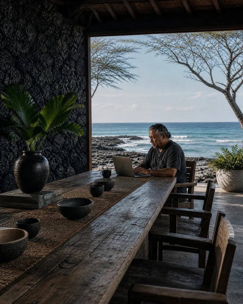 A business owner working alone at a long table under an open hale, black lava and the reef beyond