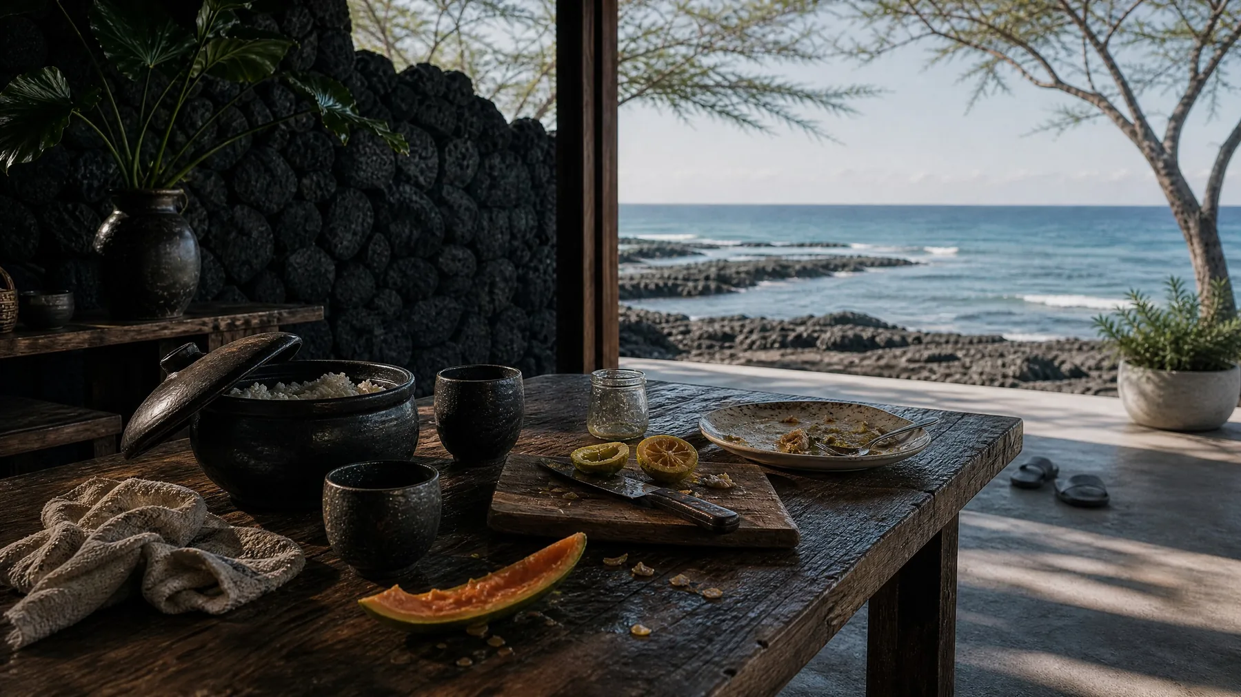 A long table under an open hale after a shared meal, morning light on the lava beyond