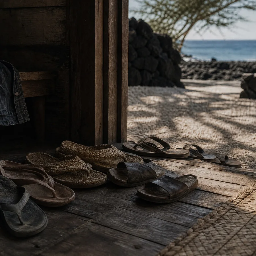 Slippers left at an open doorway, dappled light on the lava beyond