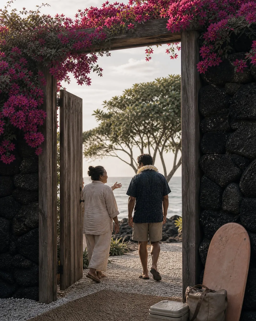 A woman gesturing a welcome through an open gate under bougainvillea, a man walking the coral path through to the ocean