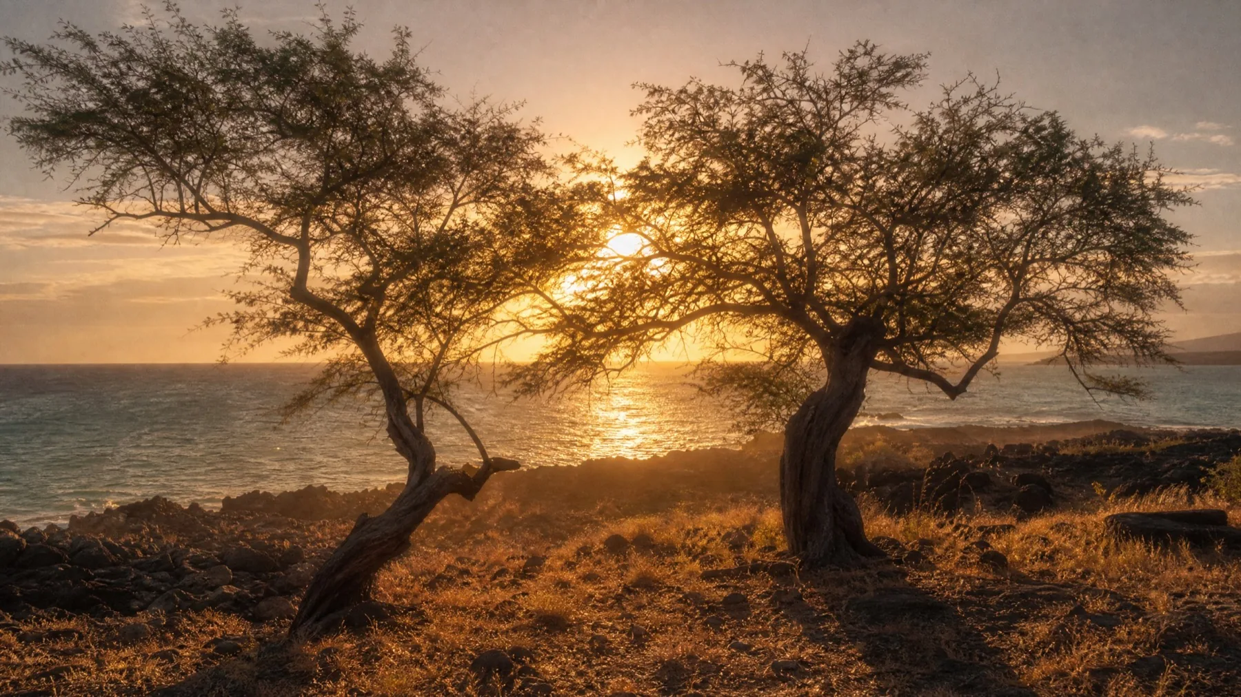 Low sun flooding through kiawe foliage on the lava coast