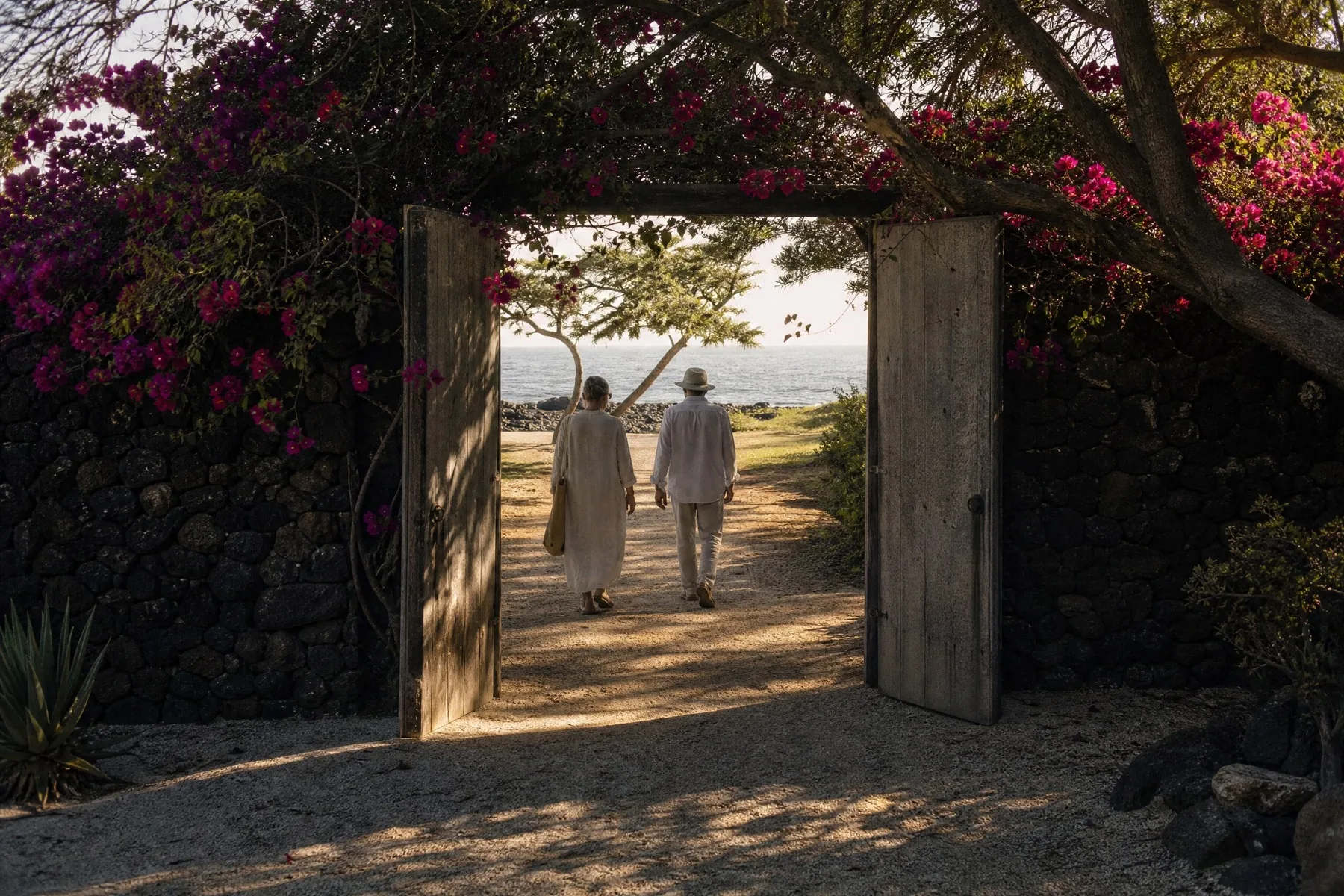 Two people walking away through an open wooden gate in a stone wall, toward the sea.