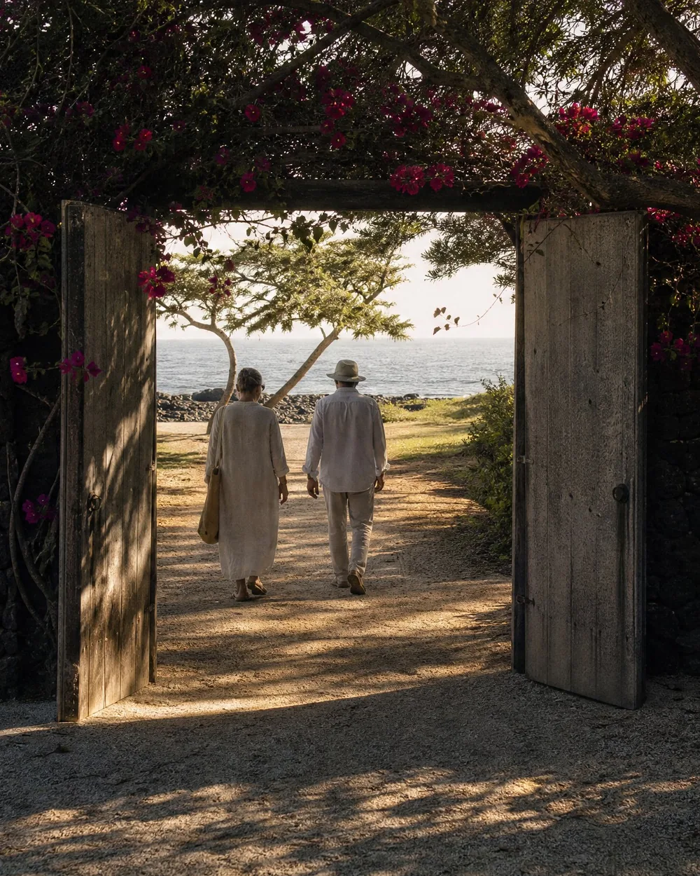 Two people walking out through an open gate in a lava wall, the ocean ahead of them