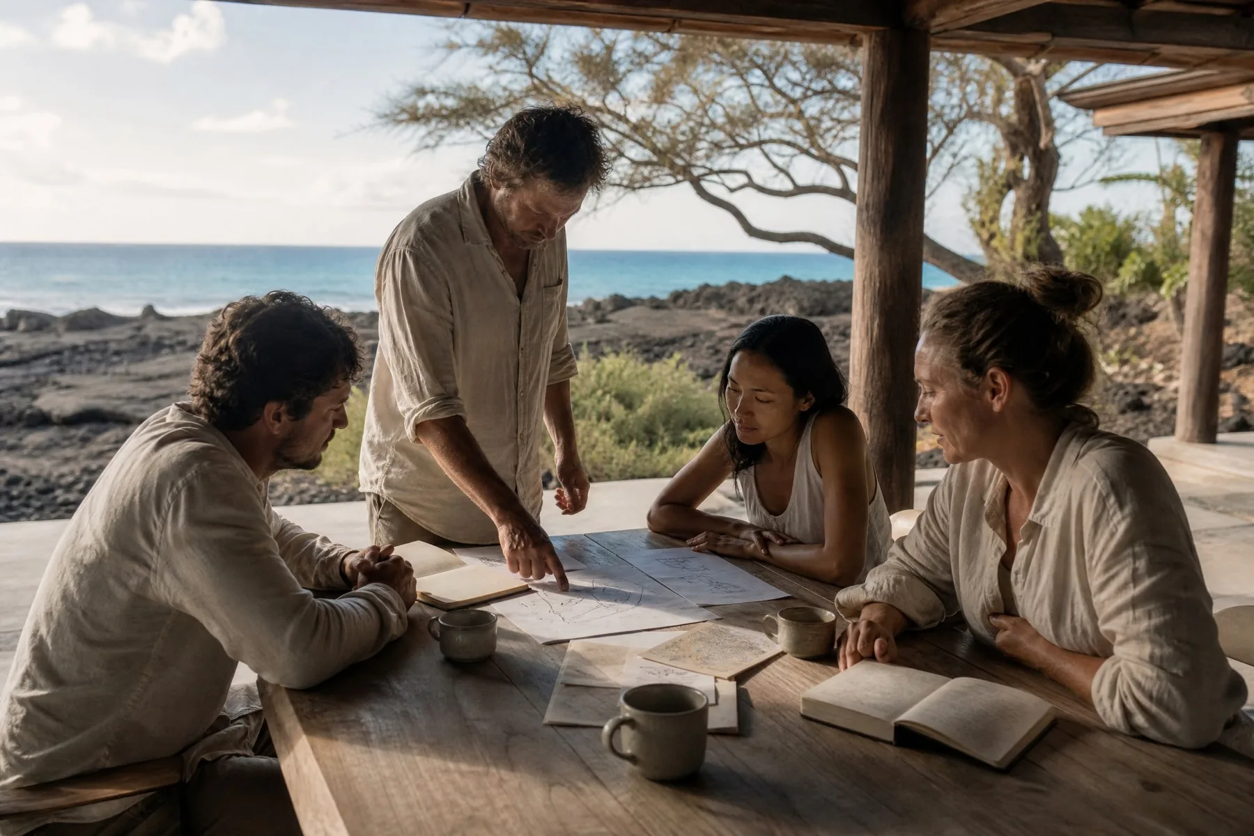 Four people working over hand-drawn diagrams on an open lanai