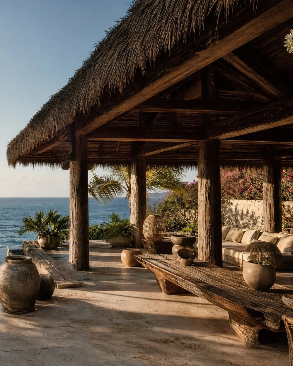 An open thatched hale on the coast: timber posts, a long weathered table and clay pots, the sea beyond