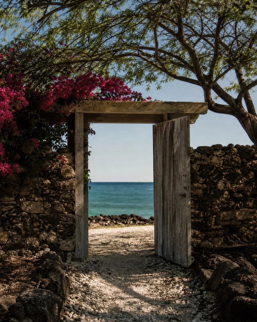 A weathered gate standing open in a hand-stacked lava wall, the coral path running through it to the ocean