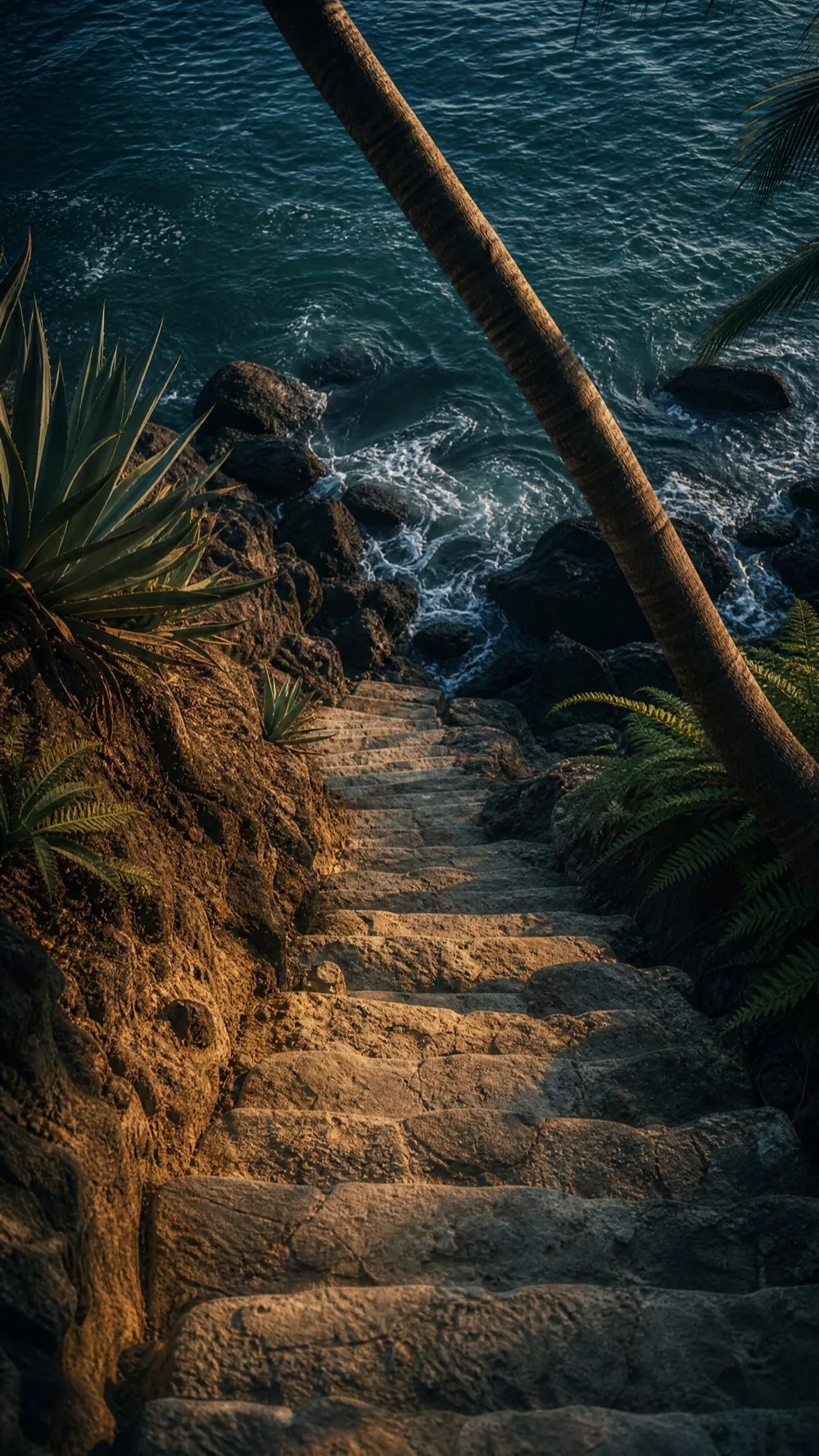 Stone steps leading down to the sea in low golden light
