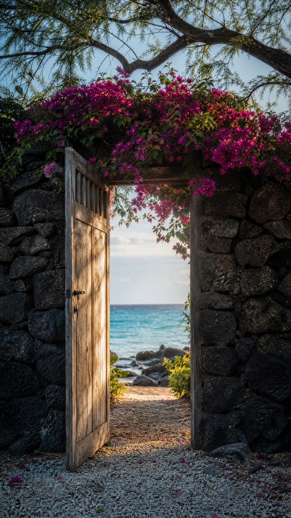 An open gate in a lava-rock wall, seen in a tall frame
