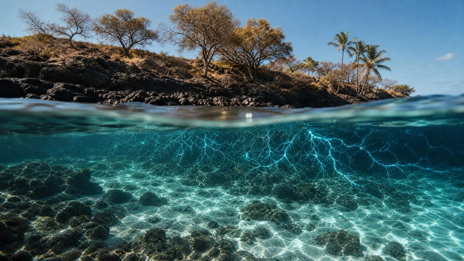 The waterline over black lava rock and turquoise water