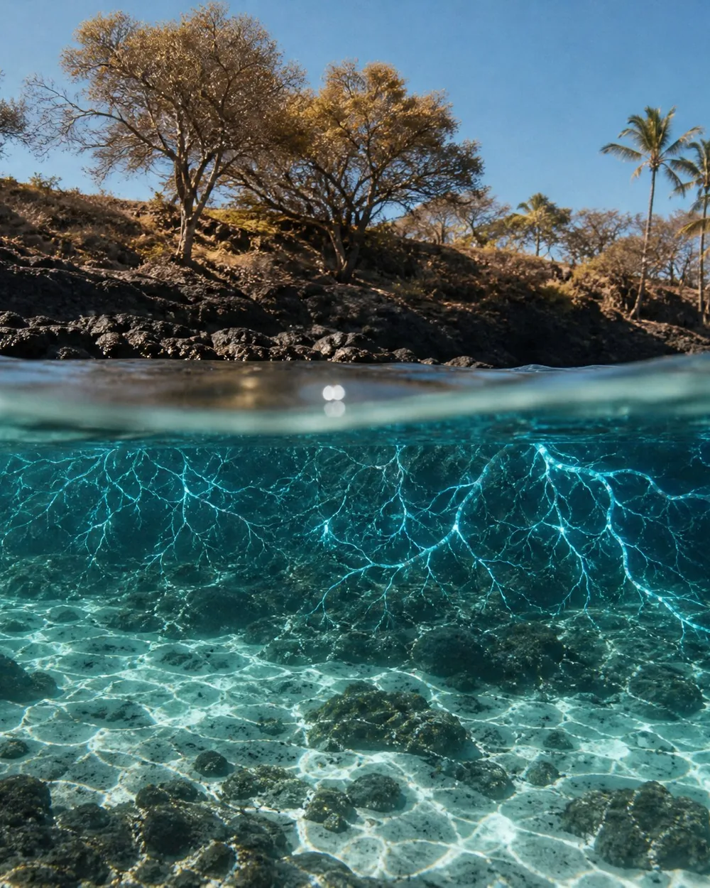 The waterline seen half above and half below: lava coast and kiawe above, branching light over the reef below
