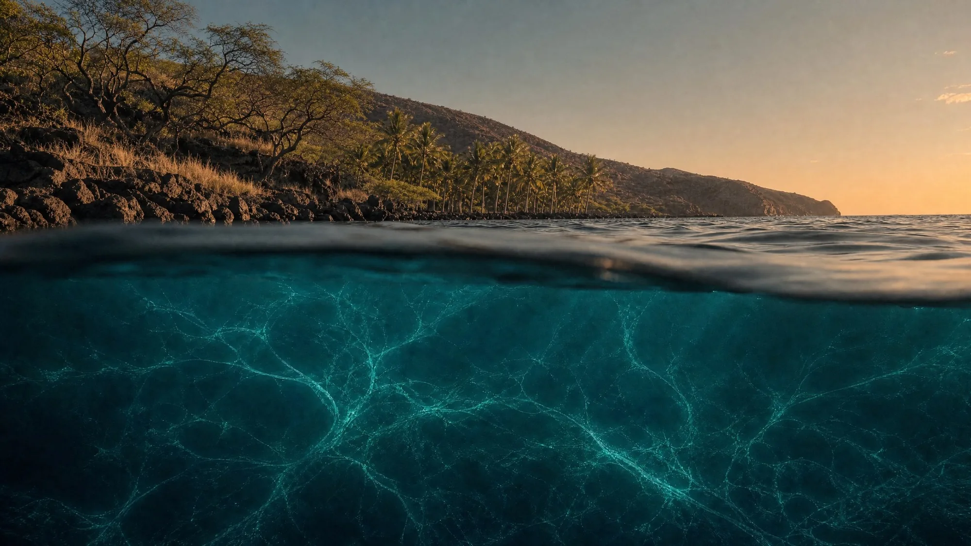 A Hawaiʻi coastline of lava rock and palms at golden hour, seen at the waterline
