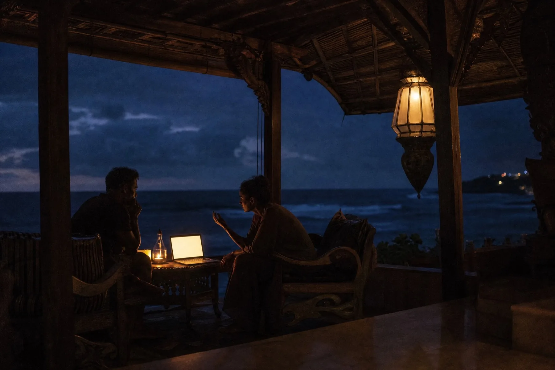 A laptop's soft glow at dusk in an open-air room