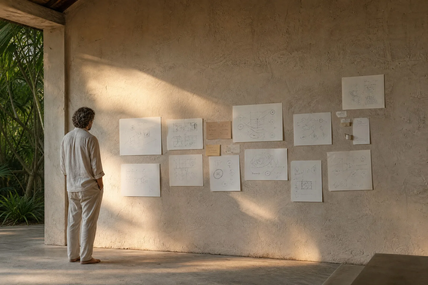 A dozen hand-drawn sheets taped to a lime plaster wall
